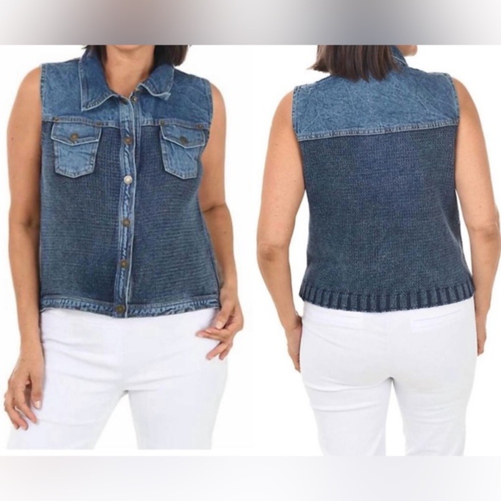 PBJ BLUES Denim & Woven Knit Snap Front Copper Sweater Vest Size XL